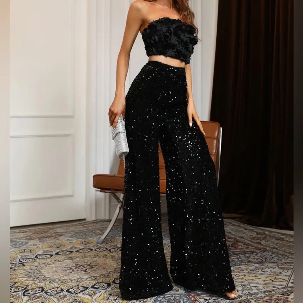 Luxury Black Sequin Two Piece Set 3D Flower Top Prom Jumpsuits 2023 - Picture 6 of 7